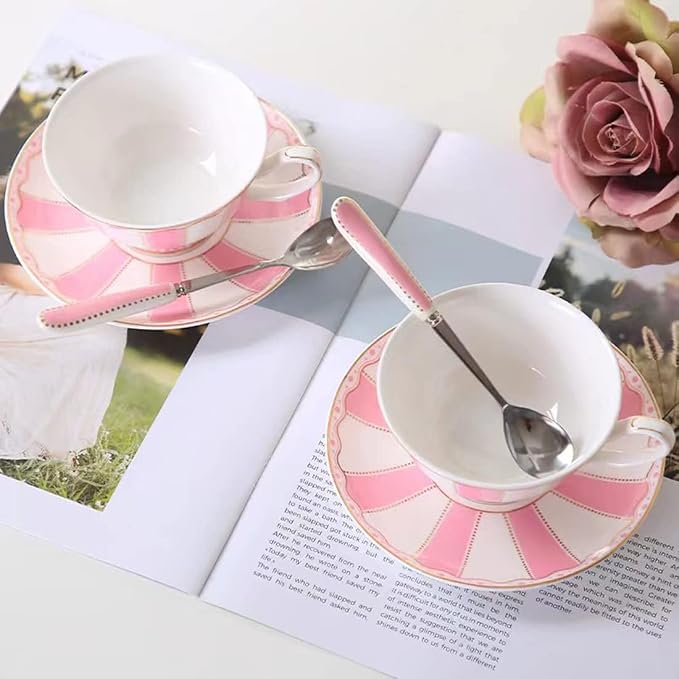Bone China Pink Tea Cup with Saucer Spoon 3 Piece Set（7oz） Cappuccino Cups - Image 3