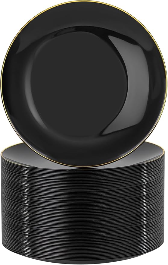 Nervure 100 Pieces Black Plastic Plates - 7.5inch Black Dessert Plates - Disposable Gold Plastic Plate - Disposable Plate Ideal for Wedding & Party