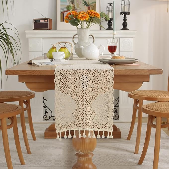 meioro Crochet Lace Table Runner, 12x78 Inch Boho Cotton Table Runners - Image 3