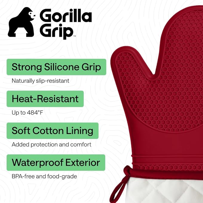 GORILLA GRIP BPA-Free Soft Silicone Oven Mitts, 14.5x8.3, Heat Resistant and Waterproof Cooking Gloves, Thick Cotton Lining, Flexible Gripping Kitchen Potholders Set of 2, Christmas Kitchen Decor, Red
