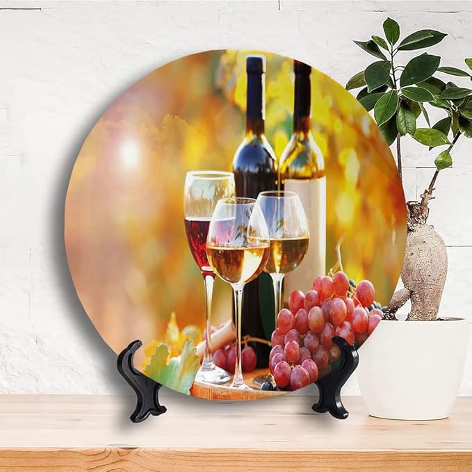 Decorative Plates, Wine Print Ornament, Tasty Wine on Wooden Barrel on Grape Plantation, 6 Inch, 1 Plate with 1 Display Stand, Orange Red Black
