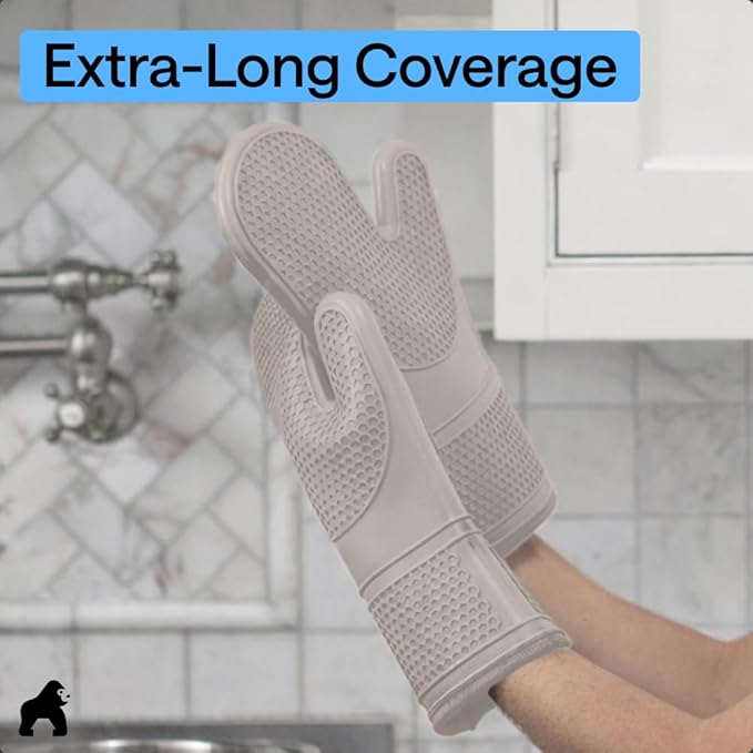 GORILLA GRIP BPA-Free Soft Silicone Oven Mitts, Heat Resistant and Waterproof Cooking Gloves, Thick Cotton Lining, Flexible Gripping for Baking Grilling, Kitchen Potholders Set of 2, 12.5x8.3, Almond