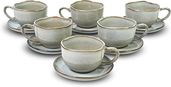 Organic Shape Highland Ceramic Coffee Cup and Saucer, 6pcs 8oz Handmade Reactive Glaze Saucer Sets with Wavy Edge, for Kitchen, Microwave & Dishwasher Safe, Scratch Resistant-grey
