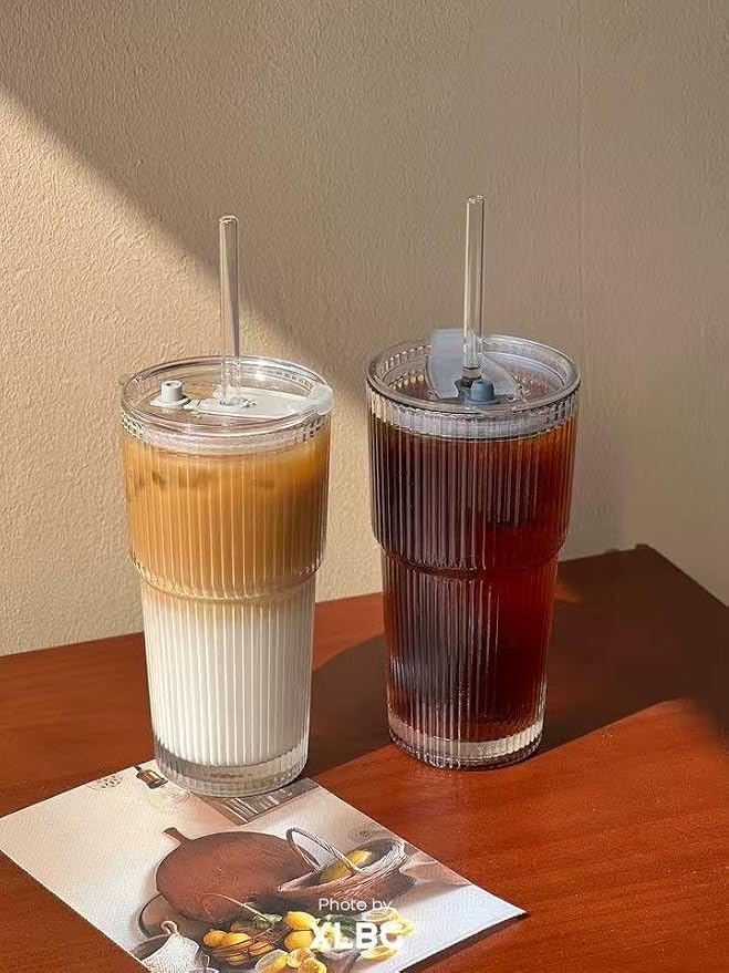 20oz Ribbed Glass Tumbler with Straw & Lid – 2 Pack Iced Coffee Cups, Glass Mug - Image 2