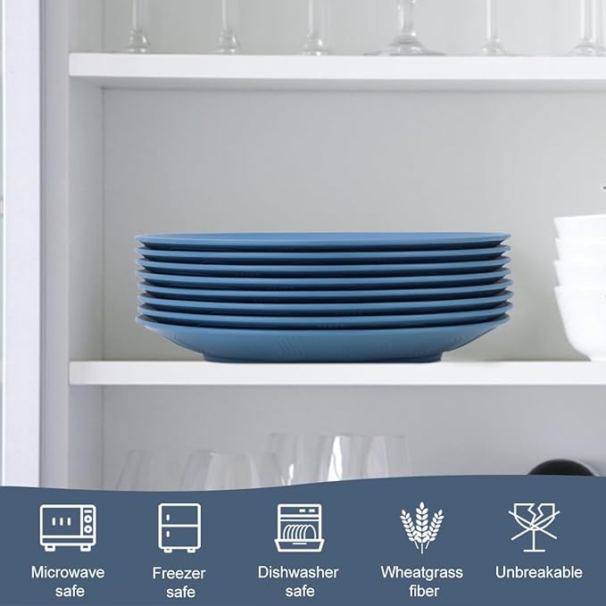 Homienly Flat Dinner Plates Set of 8 Alternative for Plastic Plates Microwave and Dishwasher Safe Wheat Straw Plates for Kitchen Unbreakable Kids Plates (Blue, 9 inch), MS 01