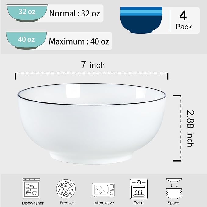 40 oz Large Soup Bowl, Pho Bowls, 7-Inch Rimmed Off-White Porcelain Bowls Set - Image 2