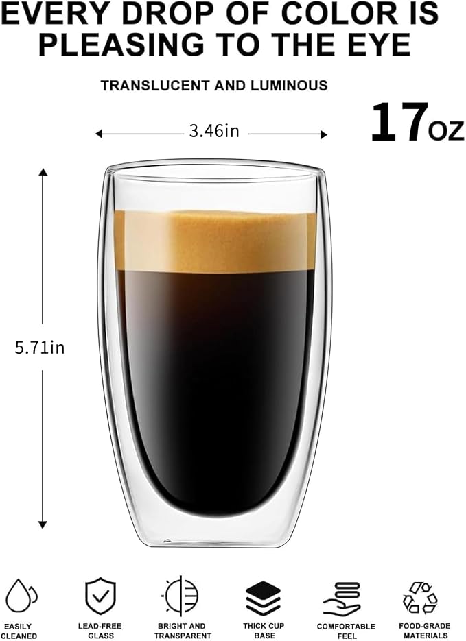 DOPUDO 17oz Double Wall Glass Coffee Mugs Set of 2, Insulated Coffee Mug - Image 3