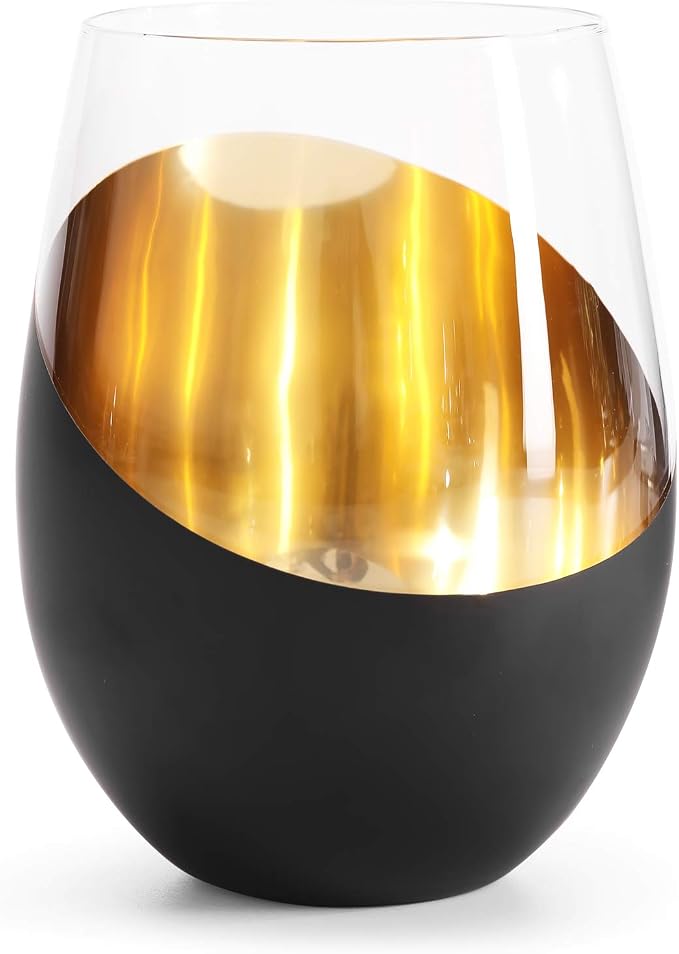 MyGift Modern Matte Black and Gold Tilted Design Stemless Wine Glasses Tumblers - Image 7