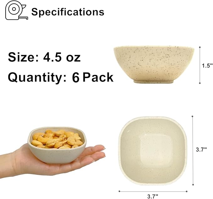 6 Pack Small Bowls, 4.5 OZ Assorted Colors Dipping Sauce Cups, Ice Cream Bowls, Wheat Straw, Unbreakable, Plastic Prep for Side Dishes, Dessert, Snacks