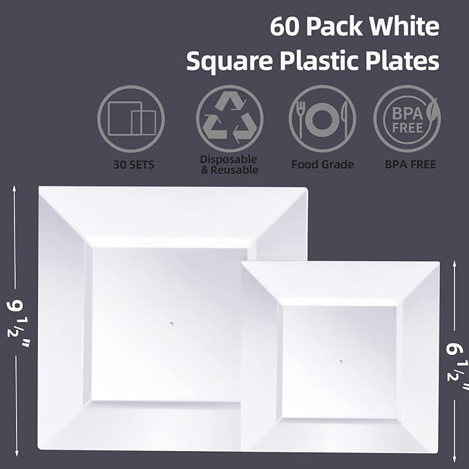 Goodluck 60 Pack Disposable Square Plastic Plates - Heavy Duty Dinner (9.5") & Dessert (6.5") Plates - Fancy for Wedding, Holiday, Birthday - White