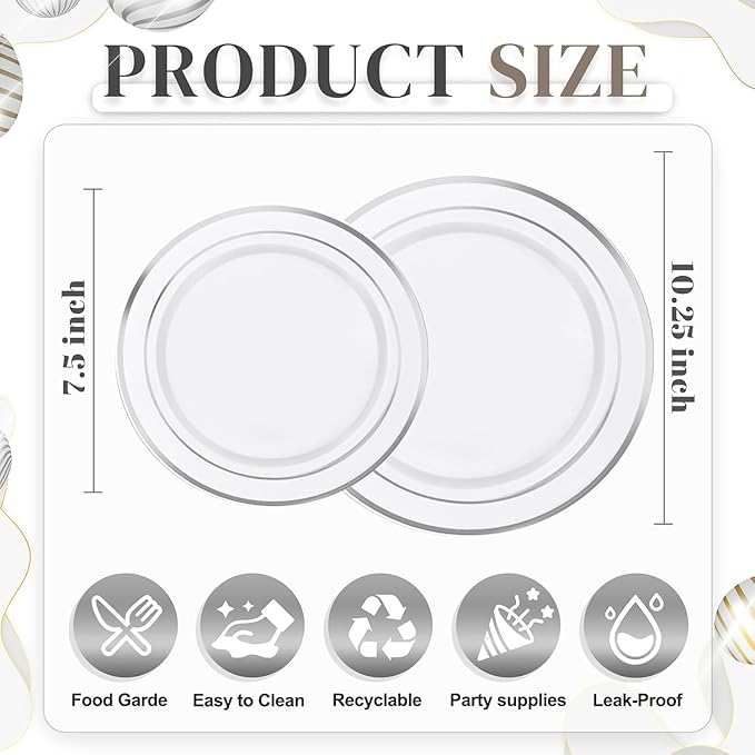 WDF 120PCS Plastic Plates White Silver Rim - Disposable Plates including 60PCS for Dinner 10.25inch, 60 Salad/Dessert Plates 7.5inch Heavy Duty Wedding Party Birthday