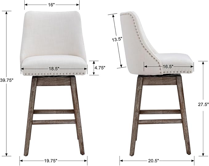 Counter Height Bar Stools Set of 4, Linen Fabric Mid Century Modern Swivel Barstool with Back & Wood Legs Comfy Upholstered Counter Chairs for Home Bar/Dining Room/Restaurant, Cream