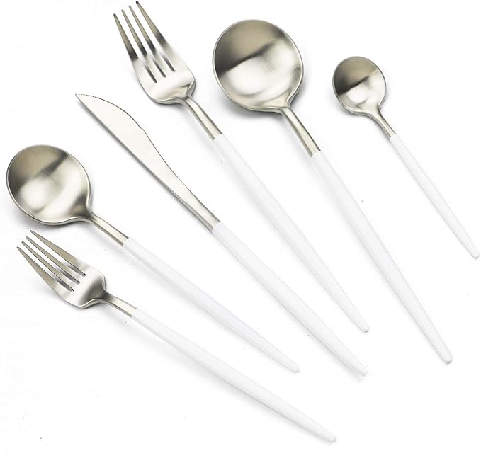 JASHII 18/10 White Handle Flatware Silver Silverware Set 304 Stainless Steel Flatware Cutlery Set| 6-Piece Adaline Royal Modern Satin Finish| BEST Birthday Wedding Gift (White Handle Matte Silver)