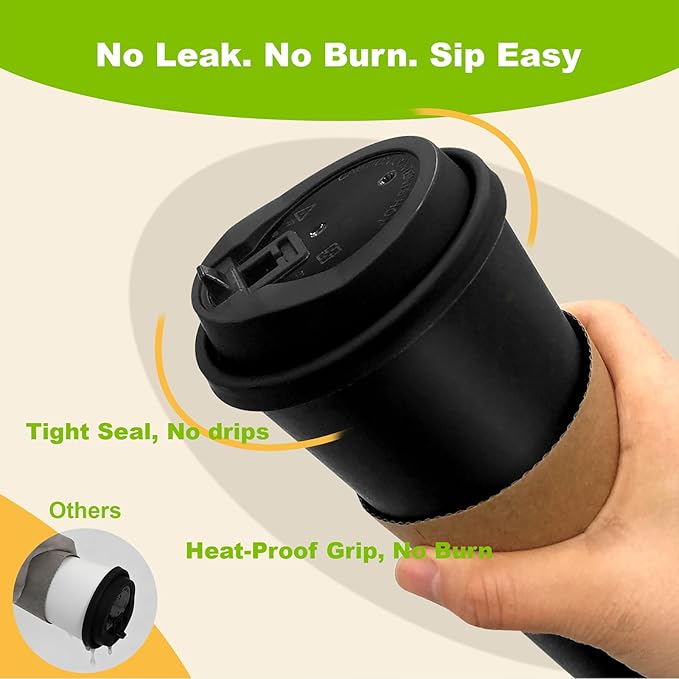 100 Pack 12 oz Disposable Coffee Cups with Lids and Sleeves, Leak-Proof To Go Coffee Cups, PLA Black Paper Coffee Cups for Hot Beverage