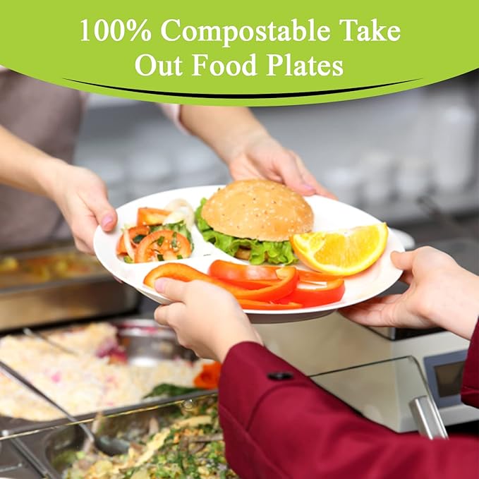 three leaf 9" 3 COMPARTMENT BAGASSE ROUND PLATE, 50 Ct. Heavy-Duty- Super Strong- Natural- Eco-Friendly Disposable Bagasse Plates, 100% Biodegradable 9 inch 3 compartment plates