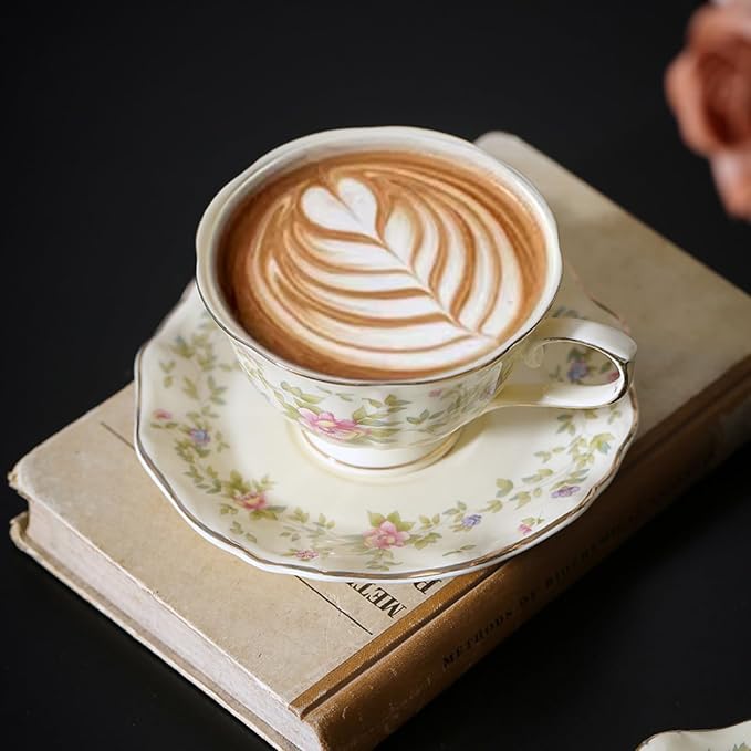 8 oz Vintage flower Ceramic cup and 6" saucer set - Image 4
