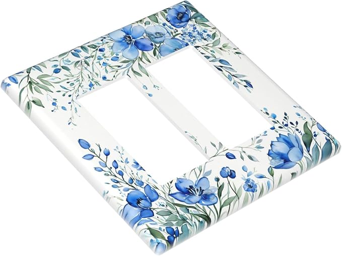 Outlet Covers Blue Watercolor Flowers Retro Floral Leaves 2 Gang Light Switch Cover Double Rocker Wall Plate Decorative GFCI Receptacle Electrical Switchplate for Bathroom Bedroom Decor（2 Pack）