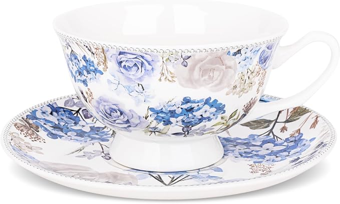 fanquare 6 oz Blue Rose and Hydrangea Porcelain Tea Cup and Saucer Set | by fanquare