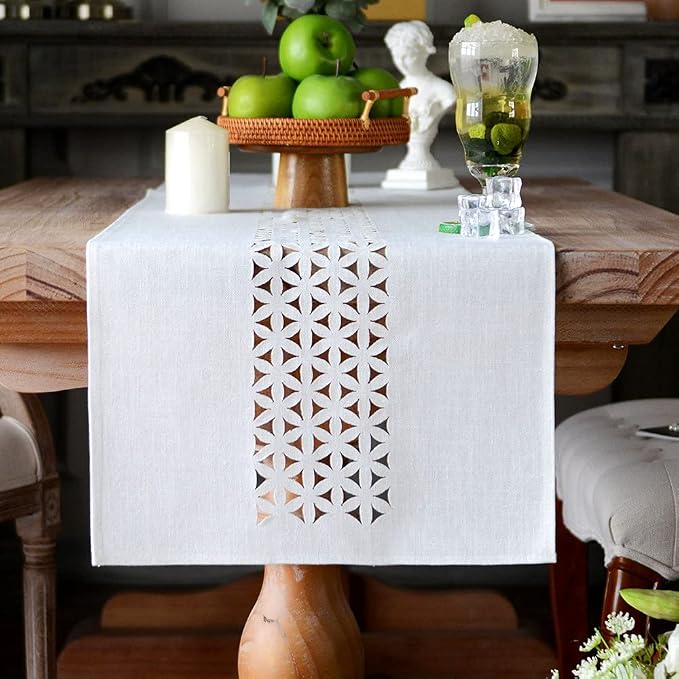 ARTABLE Off White Farmhouse Fabric Table Runner Finished Edge 16 x 120 Inch | by ARTABLE