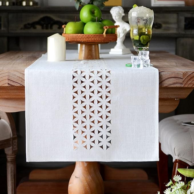 ARTABLE Off White Farmhouse Fabric Table Runner Finished Edge 16 x 104 Inch | by ARTABLE