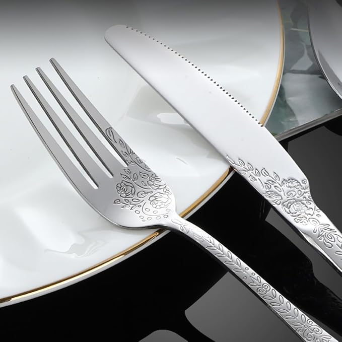 30-piece flowers TWEE Silverware Set for 6, Palace Style Stainless Steel Flatware Cutlery Serving Utensils, Eating Tableware for Home Kitchen Hotel Restaurant, Mirror Polished