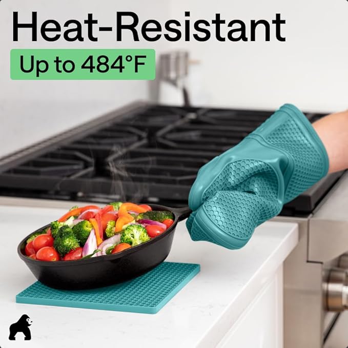 GORILLA GRIP BPA-Free Soft Silicone Oven Mitts and Pot Holders Sets, Heat Resistant Waterproof Cooking Gloves, Thick Cotton Lining, Flexible Gripping for Baking Grilling, Kitchen Trivets, Turquoise