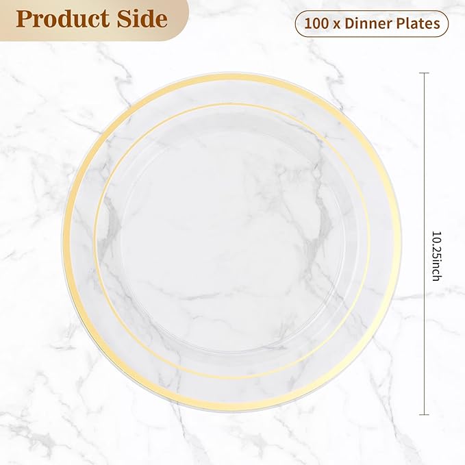 BESTVIP 100PCS Clear Plastic Plates, 10.25 Inch Disposable Dinner Plate Party with Gold Rim, Heavy Duty Disposable Plastic Plates for Party, Wedding and Birthday, Christmas, Thanksgiving