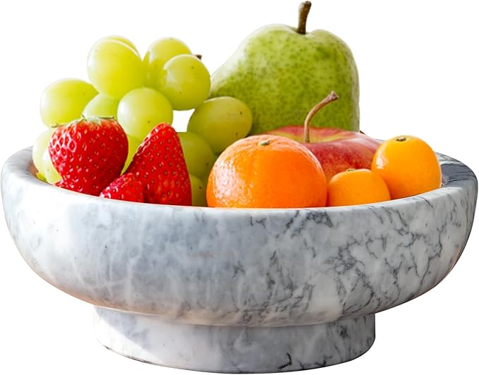 Natural Marble Fruit Bowl for Kitchen Counter, 10.2" Large Luxury Home Decorative Bowl, Modern Pedestal Key Organizer Bowl, 10 lb Heavy Solid Marble Decor for Centerpiece Entryway & Coffee Table