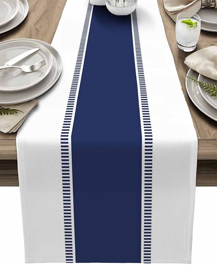 Navy Blue Table Runners 16x72 inches Long, Non Slip Stripes Table Runner by Futuregrace