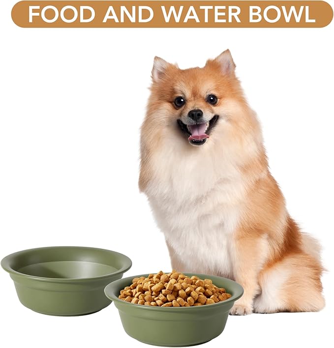Ceramic 6.3inch Set of 2 Dog Bowls, 2pcs Basic 1.5 Cup Food or 15 oz Water Dishes for Small Dogs, Wide Opening Rounded Edge (2 Bowls, Olive Green)