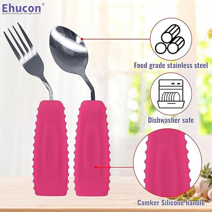 Adaptive Utensils for Hand Tremors,Arthritis and Parkinsons -Weighted Silverware with Non-Slip Handle to Easy Grip,Eating Flatware for Elderly Use (Right Hand 1 pc Fork+1 pc Spoon=2 pcs,Pink)