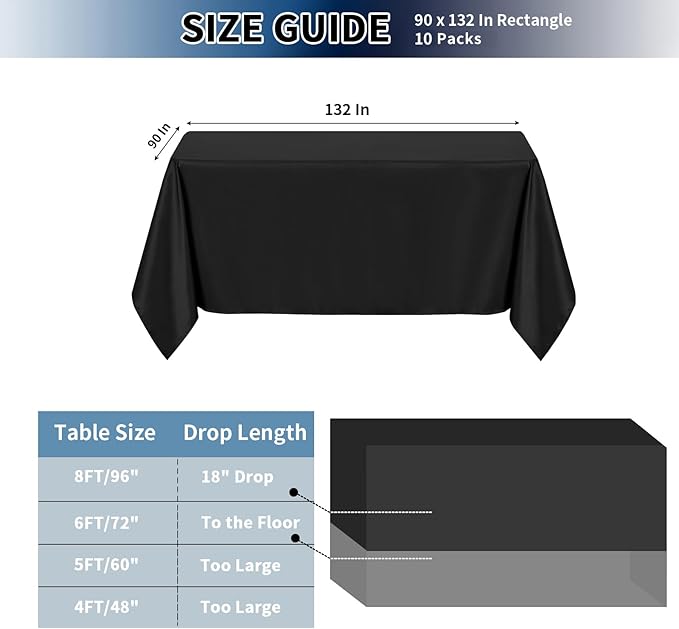 PureFit 10 Pack Rectangle Black Table Cloths 90 x 132 Inch for 8Ft Tables, Stain and Wrinkle Resistant Table Linens for Home Use, Wedding, Party, Banquet and Camping