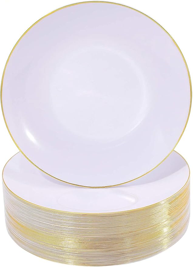 Nervure 100 Pieces Gold Plastic Plates - 10.25 inch Gold Dinner Plates - Heavyweight White and Gold Disposable Plates Ideal for Wedding & Party