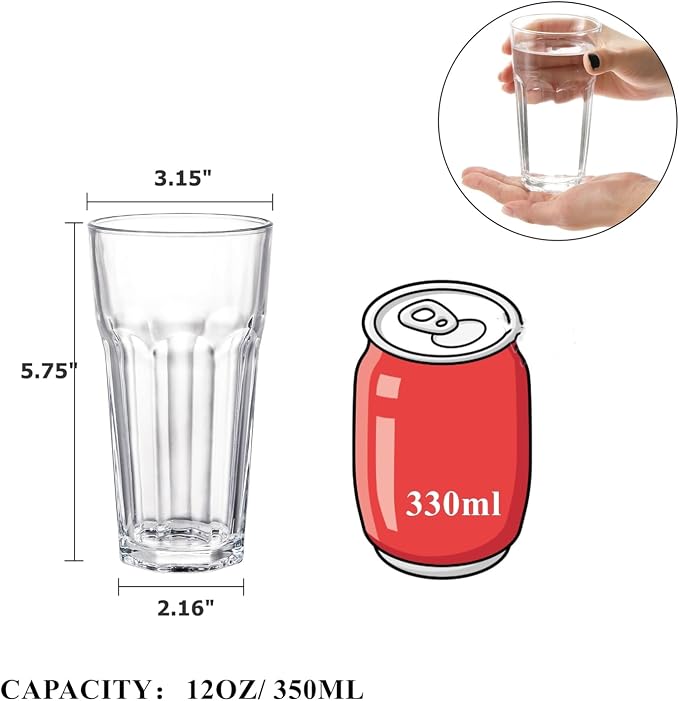 Yopay Set of 8 Highball Drinking Glasses, 12oz Lead-Free Tempered Water Glasses - Image 2