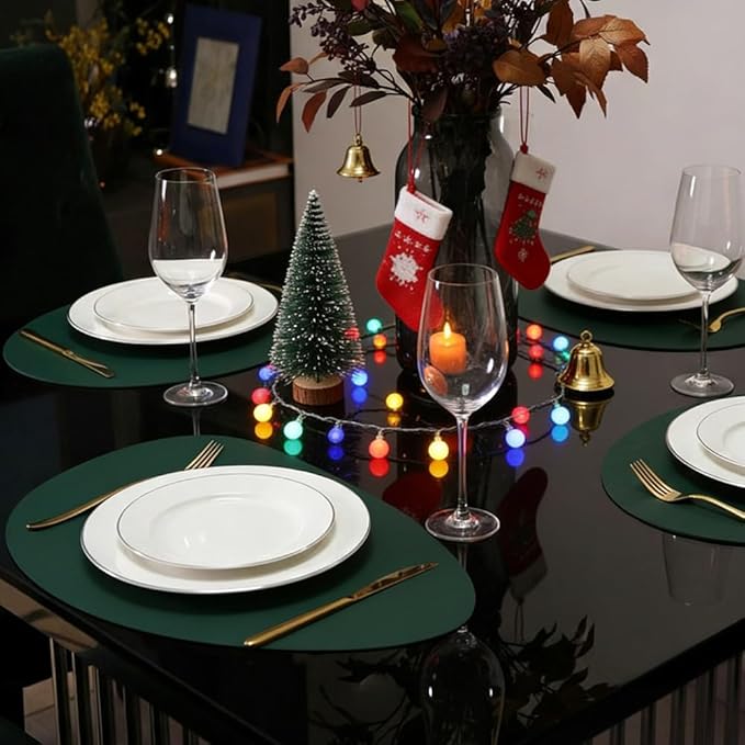 Leather Placemats for Dining Table Set of 2, Heat Resistant Easy to Clean Wipeable Waterproof Washable Modern Placemats for Kitchen Diner Table, Non Slip Anti-Skid Irregular Table Mats, Green