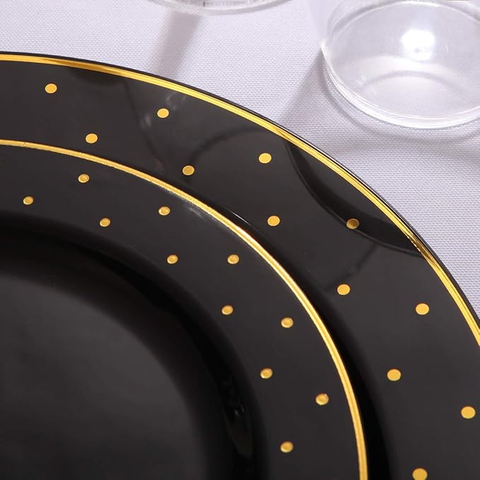 I00000 102 Pcs Black and Gold Plastic Plates, Black Disposable Party Plates Include 51 Dinner Plate 10.25’’ and 51 Dessert Plate 7.5’’ Perfect for Birthday, Wedding & Party