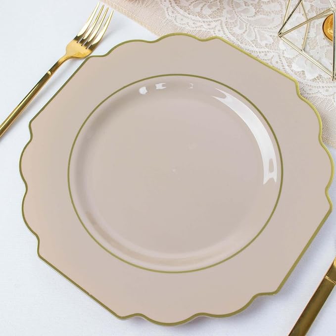 Taupe Hard Plastic Dinner Plates, 50 Pack 11" Disposable Round Baroque Plates by TCFLinen