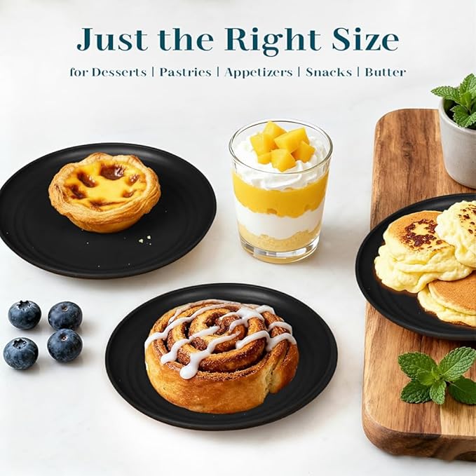 5.7 Inch Dessert Plates Set of 8, Unbreakable Wheat Straw Plate Appetizer Plates, Plastic Plates Reusable, Microwave & Dishwasher Safe Mini Plate for Kitchen (Black)