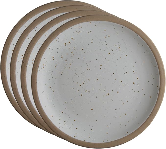 Goodies White & Brown Rimmed Dinner Plates (Set of 4), Handmade Ceramic, Glazed, Dishwasher Safe, Microwave Safe, Durable, Easy-to-Clean, Stackable, 11 Inch