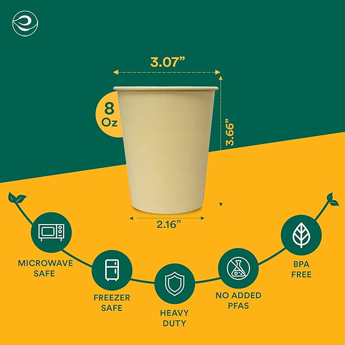 ECO SOUL 100 Pack 8 oz Disposable Coffee Cups Eco-Friendly, Biodegradable, Compostable, Leak-free & Sturdy To Go Hot Drink Travel Bagasse Cup for Tea, Chocolate, Party, Picnic & Cafe, Office & Home