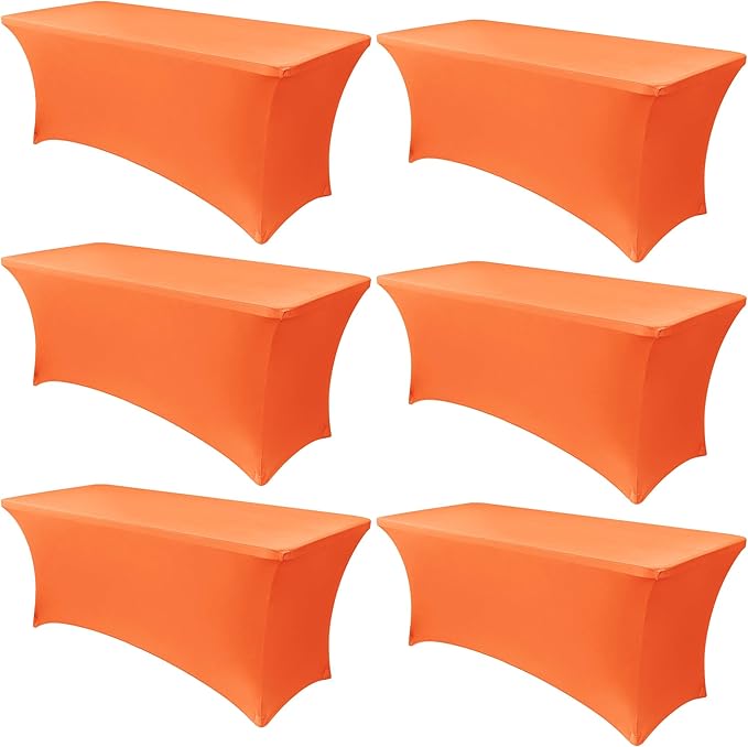 Obstal 6 Pack Stretch Spandex Table Covers for 6 Foot Tables - 6 FT Universal Rectangular Fitted Tablecloth Protector for Wedding, Banquet, Party, 72 Length x 30 Width x 30 Height Inches, Orange