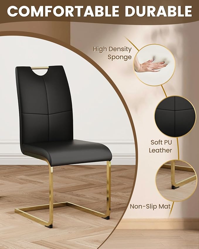 47.2" Round Glass Dining Table Set for 4, Modern 5 Piece Kitchen Table Set with Gold Stainless Steel Base & 4 PU Leather Accent Chairs, Saving Space, Dining Set for Apartment, Home - Black Chair