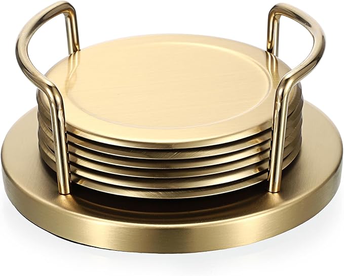 JUXYES Set of 6 Stainless Steel Round Coasters with Holder & Sponge Bottom, Golden Metal Cup Coasters Set Stunning Cool Coaster Cups Mats Decor for Restaurant Kitchen bar Dining Table