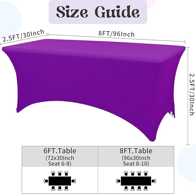 HAISIWLKJ 6 Pack Table Cloth 8ft Purple Tablecloths for Rectangle Folding Table Spandex Fitted Stretch Cover Wrinkle Resistant Washable Protector for Party, Wedding, Banquet, Festival.