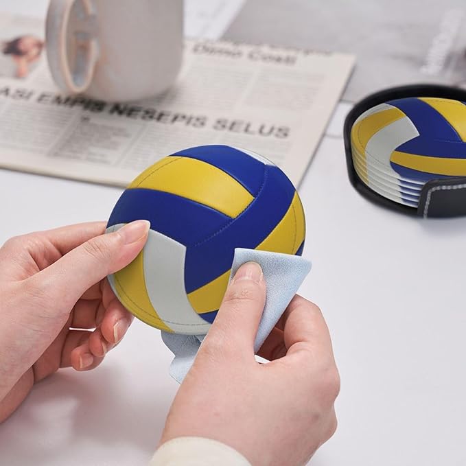 Volleyball Coasters for Drinks with Holder Round Leather Coasters Set of 6 Cups Mugs Mat Pad for Home Kitchen Bar