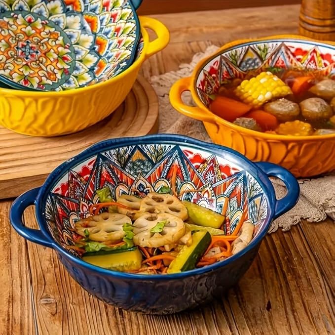 Ceramic Large Soup Bowl with Double Handle 9.5 inch Set of 4,32 oz Embossed Bowl Set for Salad, Oatmeal, Dessert, Pasta, Stew, Dishwasher & Microwave Safe - Colorful