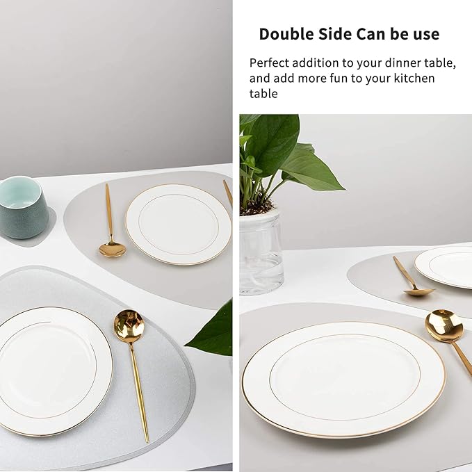 Faux Leather Placemats Set of 2 and Coasters, Heat Resistant Placemats for Round Table, Waterproof Wipeable Washable Dinner Table Mats, Easy to Clean Place Mats Nordic Style, Silver