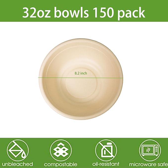32oz Disposable Salad Bowls 150Pack, Big Paper Bowls, Large, Heavy-Duty, Eco-Friendly, Bulk Pack, Compostable Bowls, Biodegradable Made of Sugar Cane Fibers,Perfect For Salad