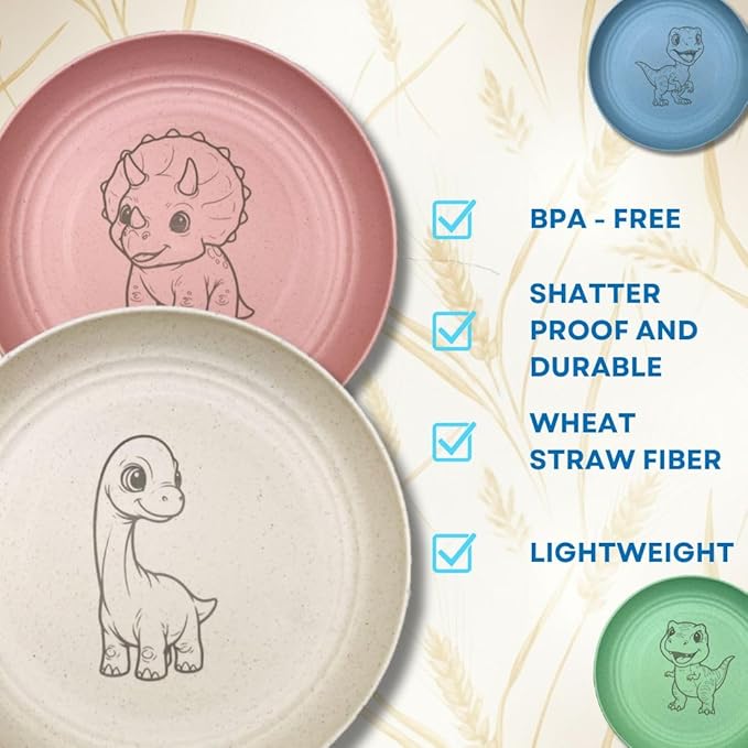 Wheat Straw Plate Set for Toddlers with Dinosaur Patterns | 4 Engraved, Eco-Friendly Food Plates | Free Dinosaur Backpack Included | Dishwasher & Microwave Safe | Excellent Gift for Childrens
