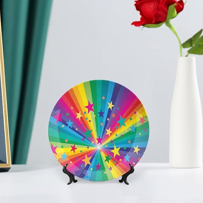 Ceramic Display Plate, Abstract Decor Ceramic Hanging Decorative Plate, Abstract Rainbow and Stars Confetti Rays Striped, 7 Inch, Living Room Kitchen Decoration Household, Multy